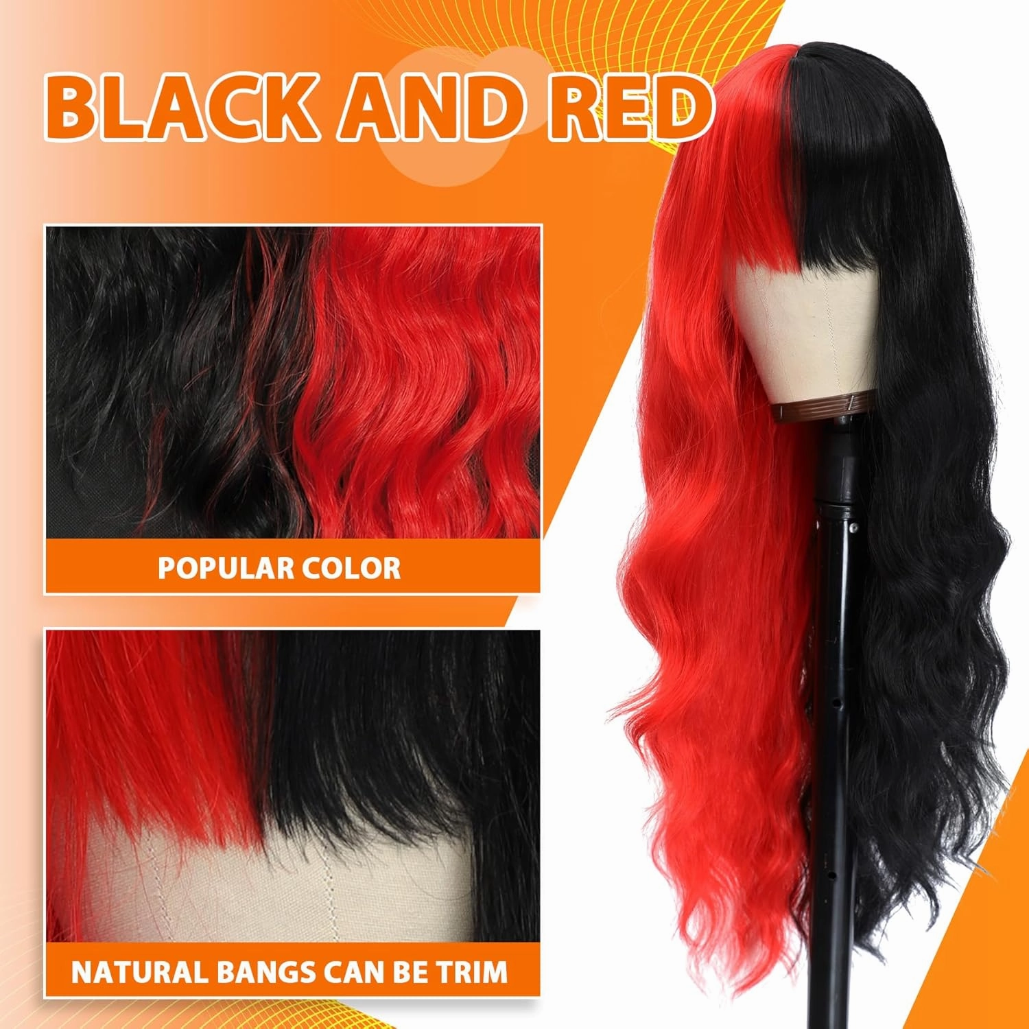 Vomella Black and Red Wig With Bangs 26 Inch Long Curly Wavy Wig for Women Natural Looking Synthetic Heat Resistant Wig for Daily Party Use