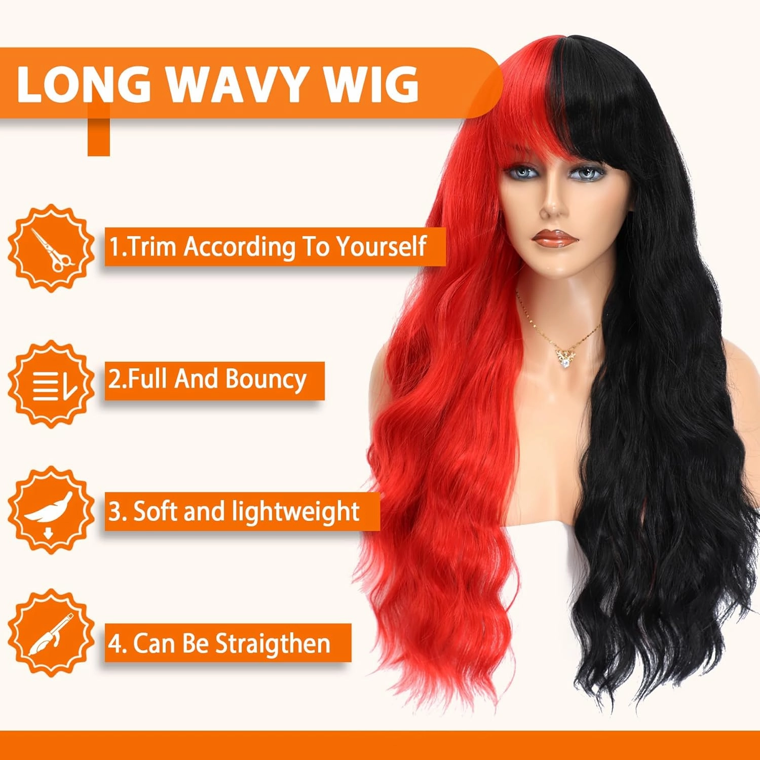 Vomella Black and Red Wig With Bangs 26 Inch Long Curly Wavy Wig for Women Natural Looking Synthetic Heat Resistant Wig for Daily Party Use