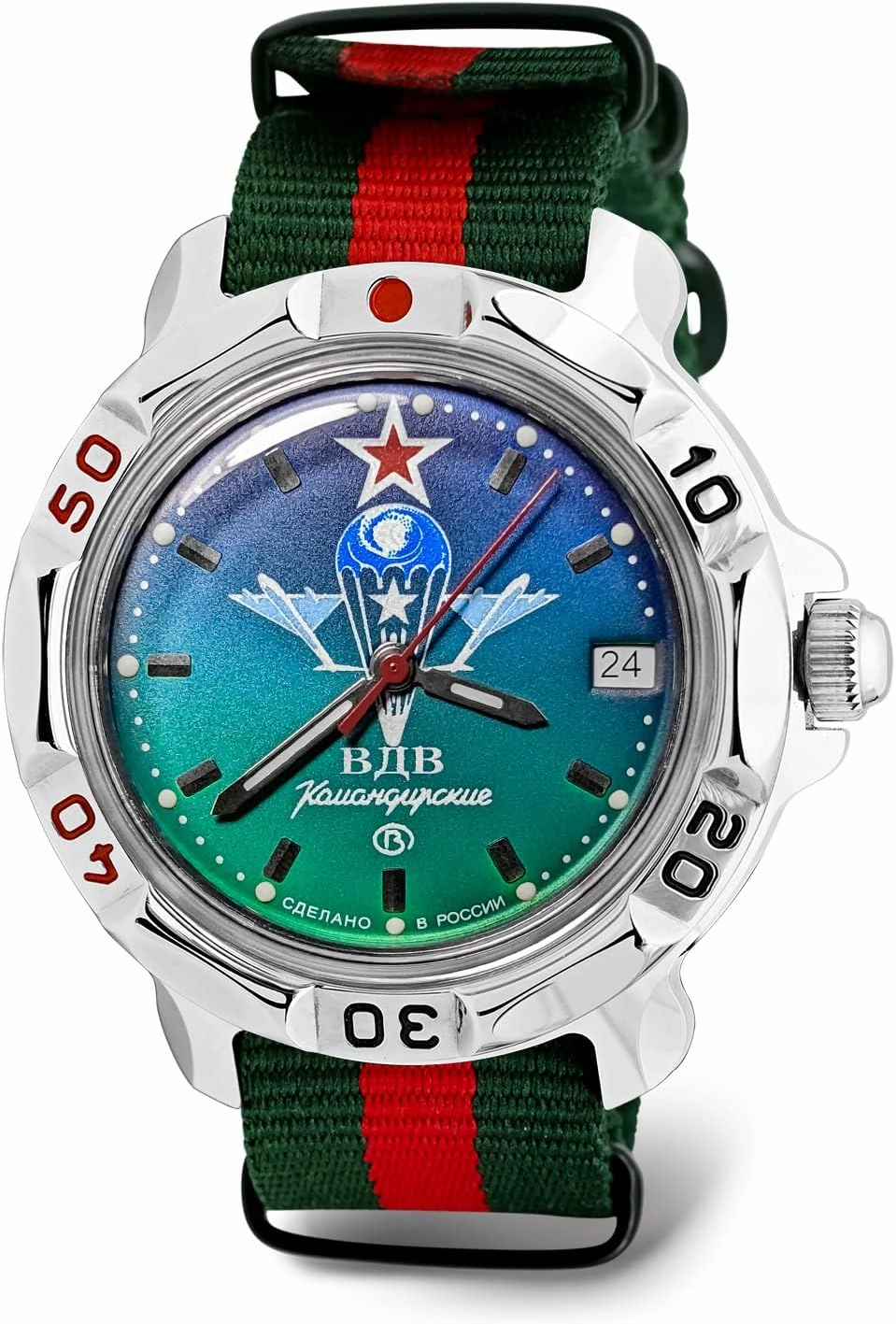 Vostok | VDV Komandirskie Military Commander Airborne Forces Mechanical 40mm Wrist Watch | Model 811021 | WR 20m | Blur-Green Dial Mechanical Watch | Luminous dots | Green-Red Strap B®