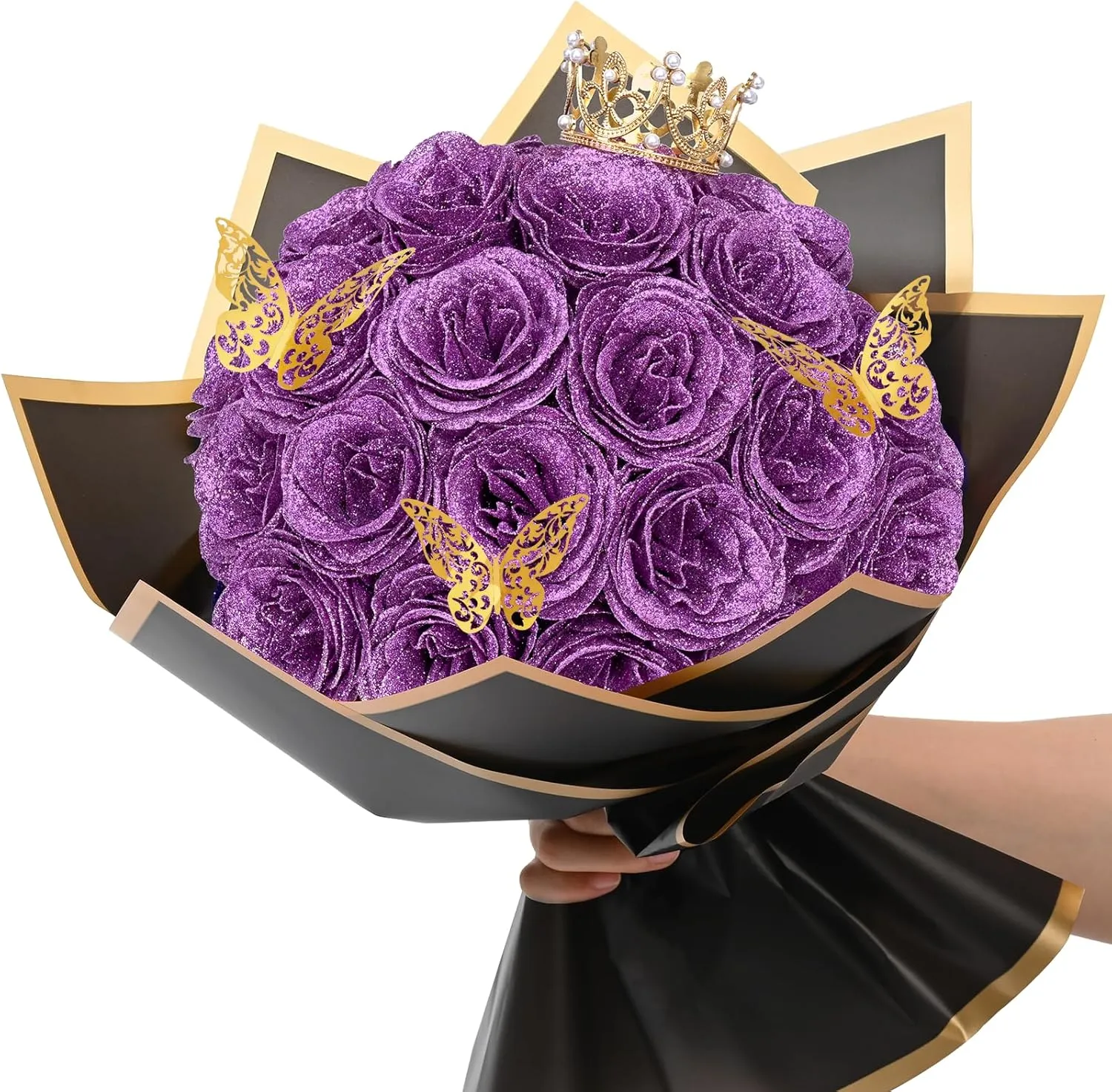 Waipfaru Glitter Roses Bouquet, DIY Lilac Fake Flowers Bouquet, Everlasting Shiny Artificial Rose Bouquet for Valentines, Anniversary, Engagement, Wedding, 24 Roses