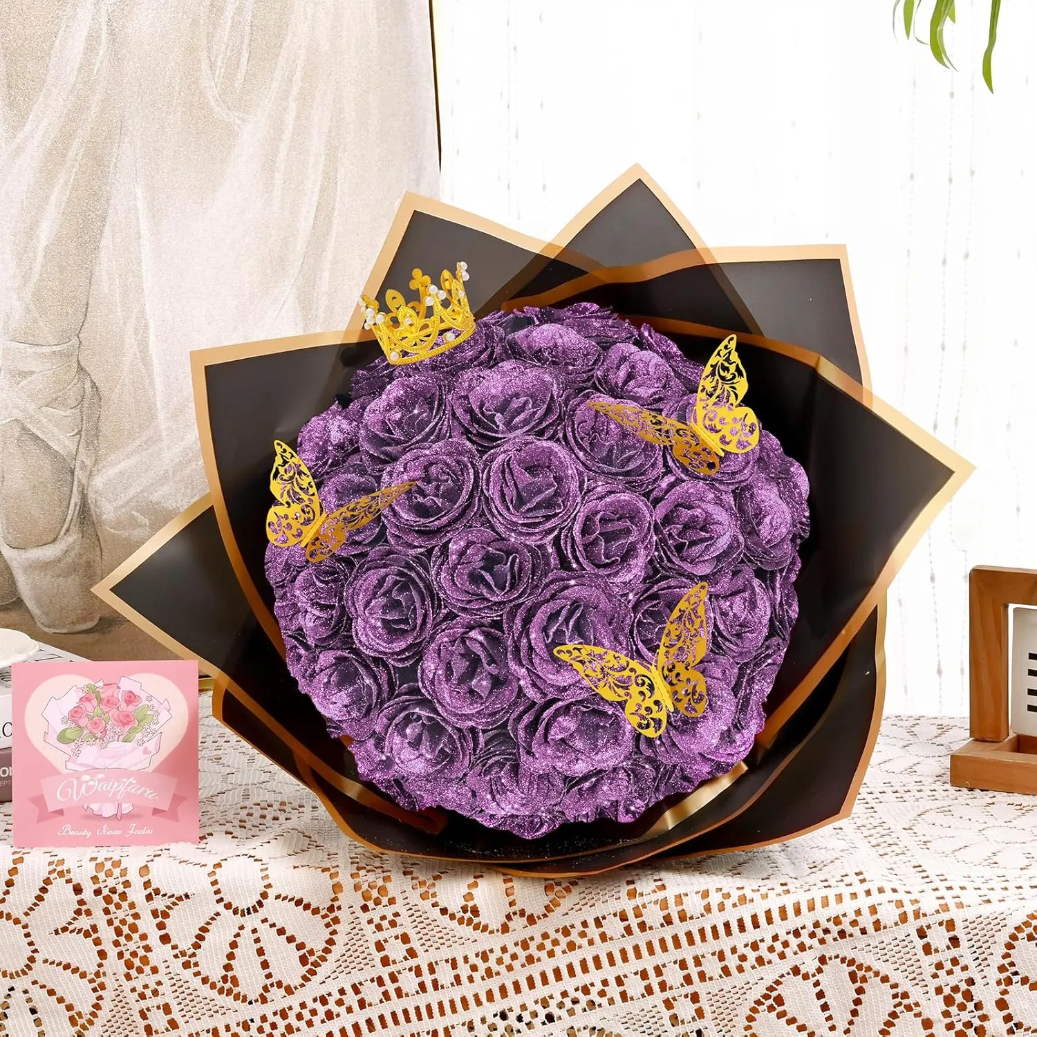 Waipfaru Glitter Roses Bouquet, DIY Lilac Fake Flowers Bouquet, Everlasting Shiny Artificial Rose Bouquet for Valentines, Anniversary, Engagement, Wedding, 24 Roses