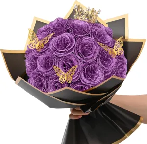 Waipfaru Glitter Roses Bouquet, DIY Lilac Fake Flowers Bouquet, Everlasting Shiny Artificial Rose Bouquet for Valentines, Anniversary, Engagement, Wedding, 24 Roses