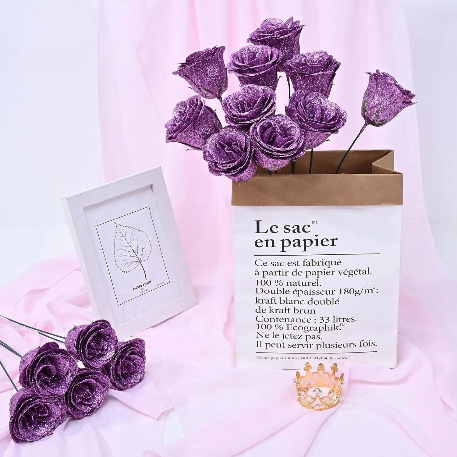 Waipfaru Glitter Roses Bouquet, DIY Lilac Fake Flowers Bouquet, Everlasting Shiny Artificial Rose Bouquet for Valentines, Anniversary, Engagement, Wedding, 24 Roses