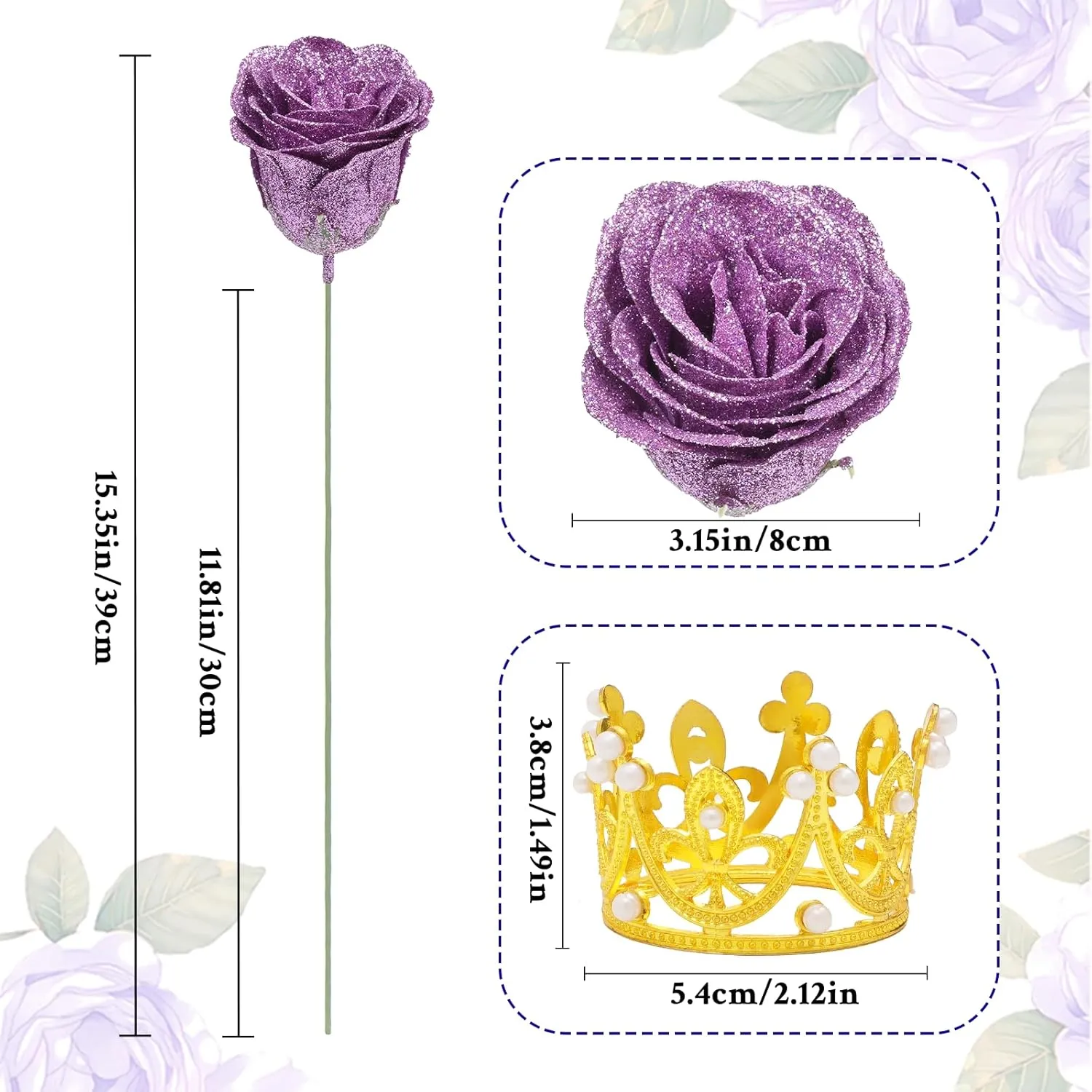 Waipfaru Glitter Roses Bouquet, DIY Lilac Fake Flowers Bouquet, Everlasting Shiny Artificial Rose Bouquet for Valentines, Anniversary, Engagement, Wedding, 24 Roses