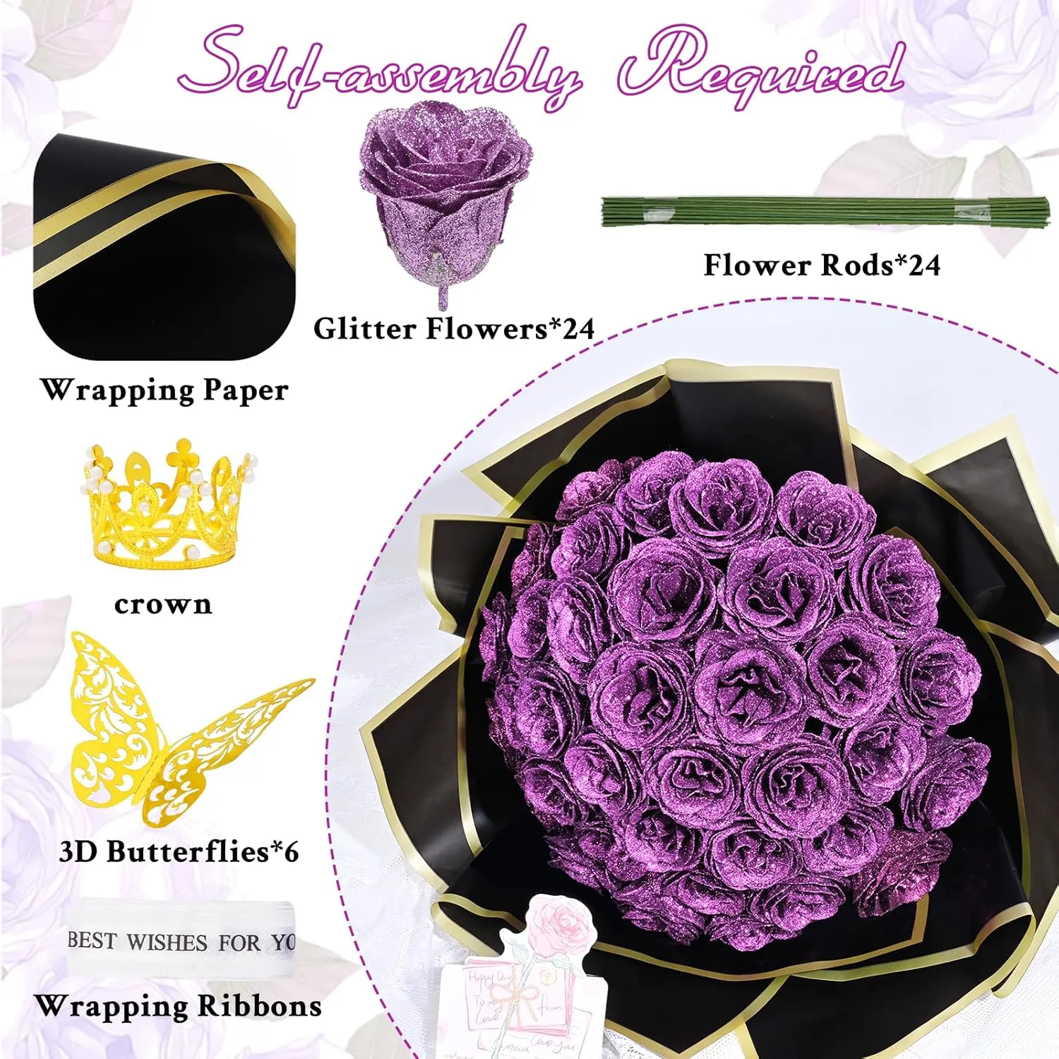 Waipfaru Glitter Roses Bouquet, DIY Lilac Fake Flowers Bouquet, Everlasting Shiny Artificial Rose Bouquet for Valentines, Anniversary, Engagement, Wedding, 24 Roses