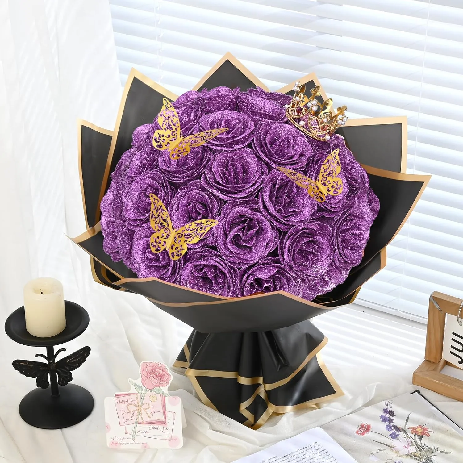 Waipfaru Glitter Roses Bouquet, DIY Lilac Fake Flowers Bouquet, Everlasting Shiny Artificial Rose Bouquet for Valentines, Anniversary, Engagement, Wedding, 24 Roses