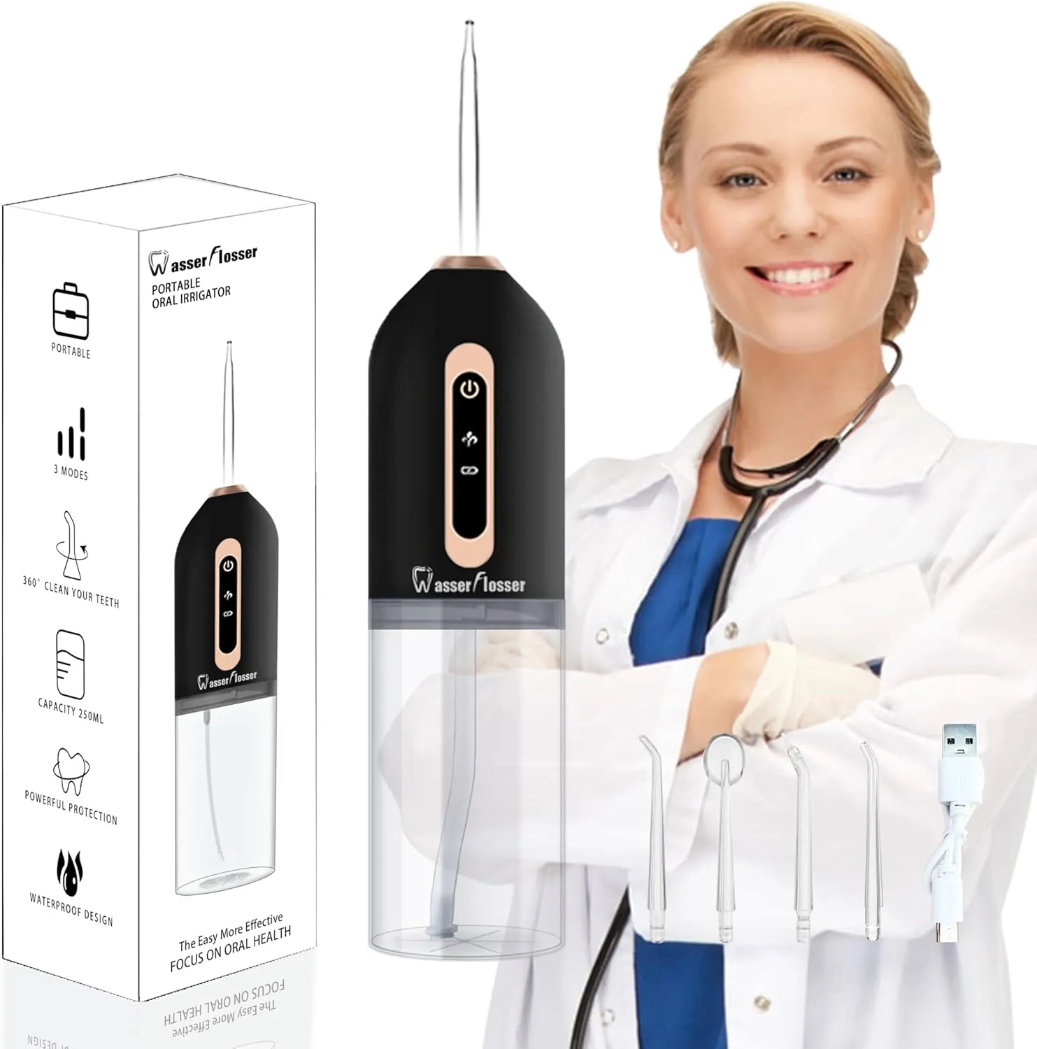 Wasserflosser-Water-flosser-Teeth-Oral-Irrigator,Rechargeable-Waterproof,Portable Cordless,Water flossers, 3 Modes 4 Nozzles, for Home&Travel(Matte Black)