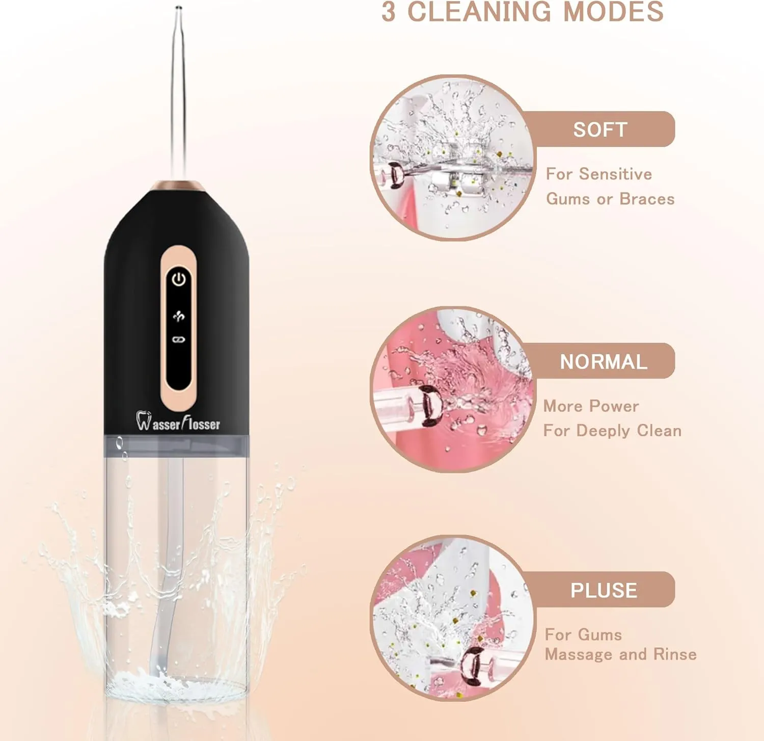 Wasserflosser-Water-flosser-Teeth-Oral-Irrigator,Rechargeable-Waterproof,Portable Cordless,Water flossers, 3 Modes 4 Nozzles, for Home&Travel(Matte Black)
