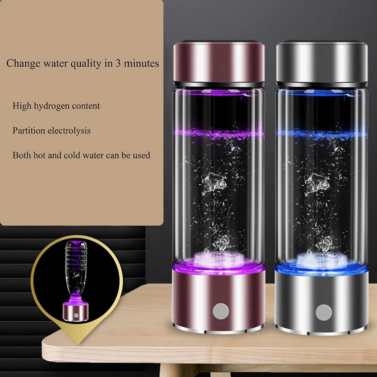 Water Purifiers, Hydrogen Rich Water Generator Ionizer Portable Hydrogen Alkaline Water Bottle USB Rechargeable SPE/PEM Colorful Lights Effect 3-Mins Make Hydrogen Content Up to 1000-1300 PPB 450Ml