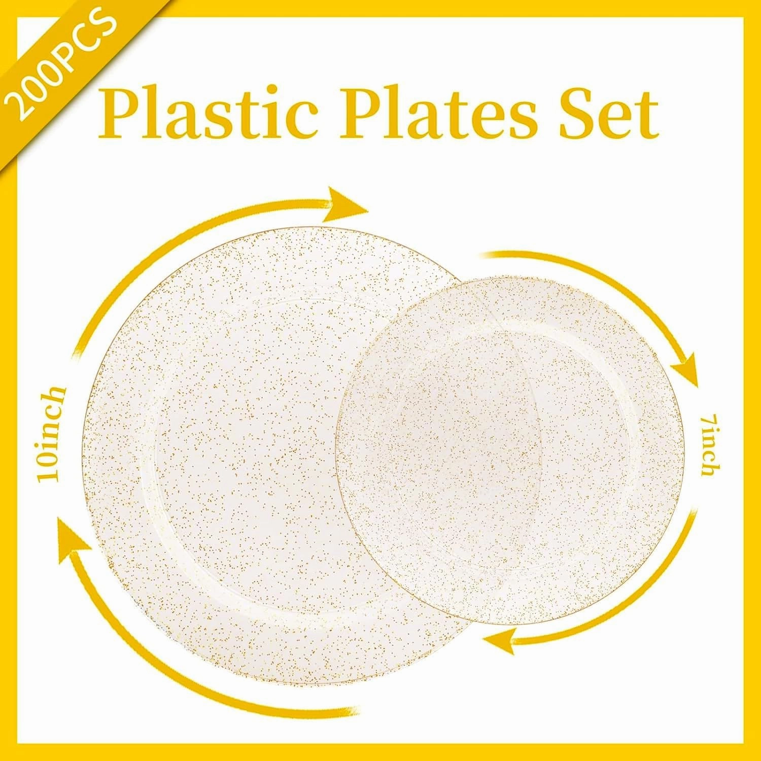 WDF 200PCS Gold Plastic Plates - Gold Glitter Plastic Plates - Heavy Duty Gold Glitter Disposable Plates - Include 100 Dinner Plates 10" and 100 Dessert Plates 7" for Parties/Wedding