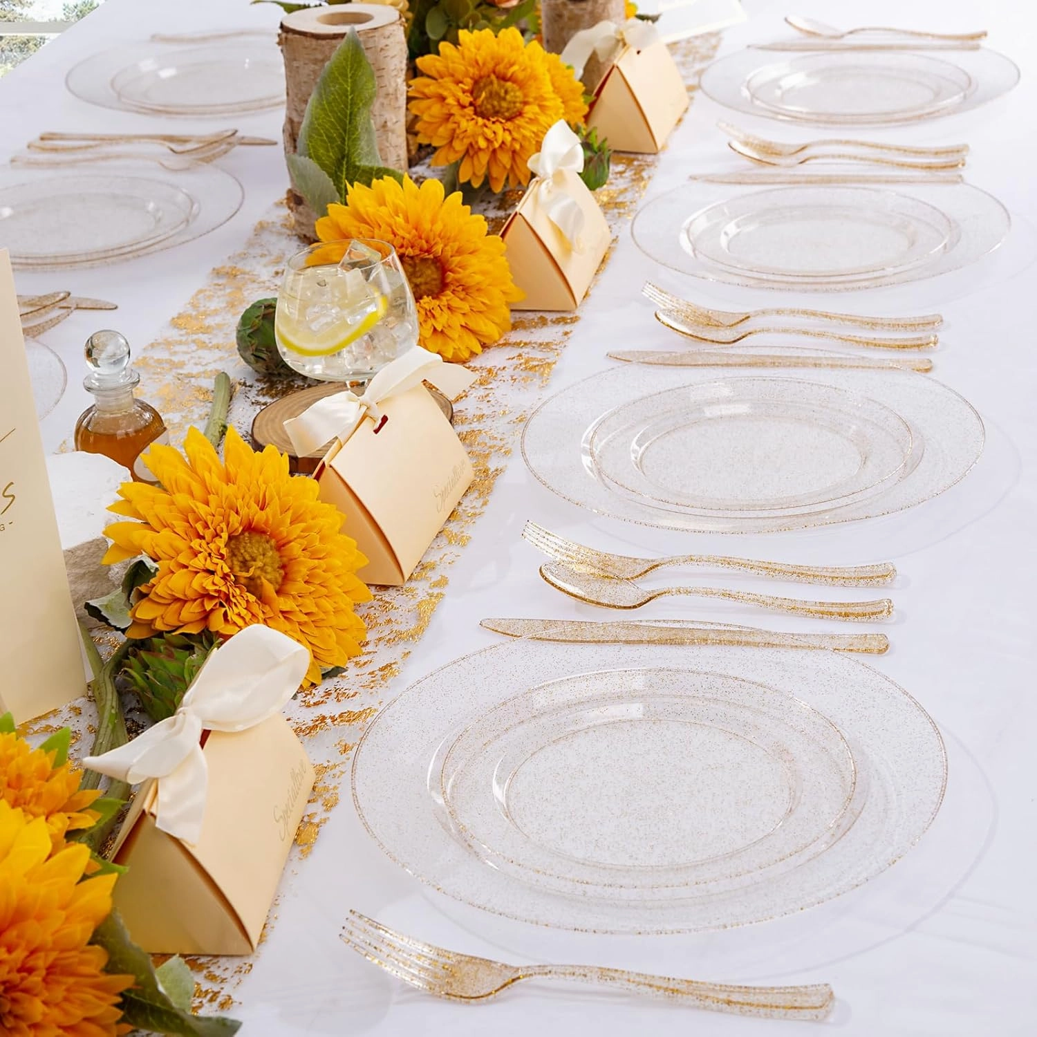 WDF 200PCS Gold Plastic Plates - Gold Glitter Plastic Plates - Heavy Duty Gold Glitter Disposable Plates - Include 100 Dinner Plates 10" and 100 Dessert Plates 7" for Parties/Wedding