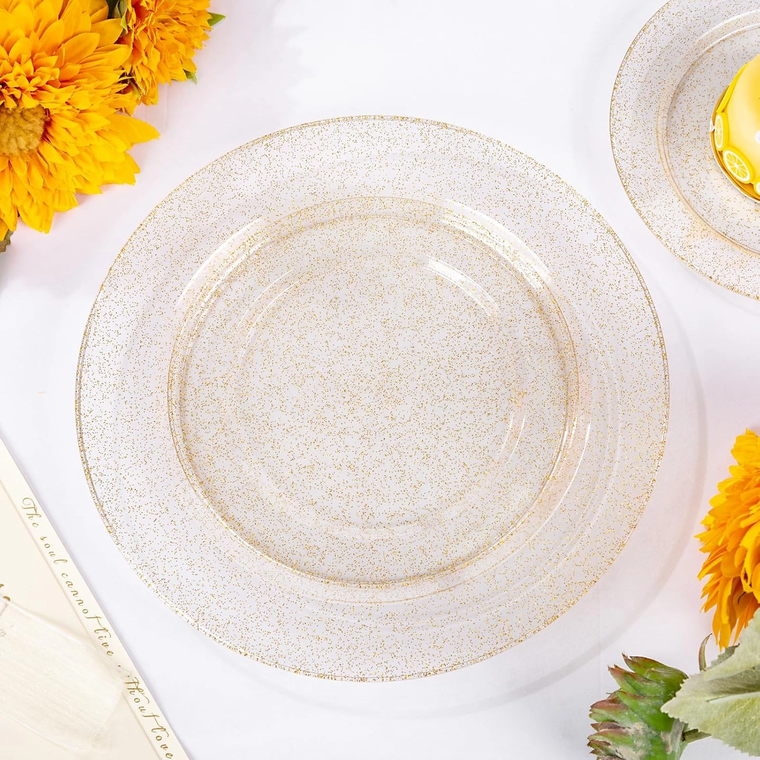 WDF 200PCS Gold Plastic Plates - Gold Glitter Plastic Plates - Heavy Duty Gold Glitter Disposable Plates - Include 100 Dinner Plates 10" and 100 Dessert Plates 7" for Parties/Wedding