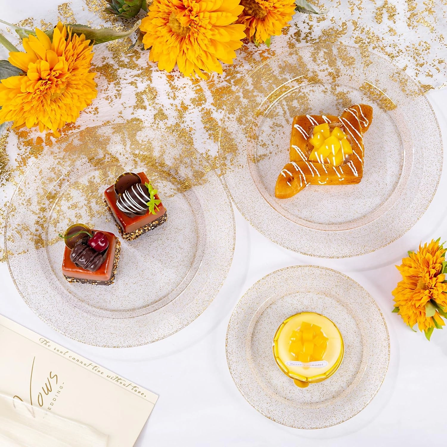 WDF 200PCS Gold Plastic Plates - Gold Glitter Plastic Plates - Heavy Duty Gold Glitter Disposable Plates - Include 100 Dinner Plates 10" and 100 Dessert Plates 7" for Parties/Wedding