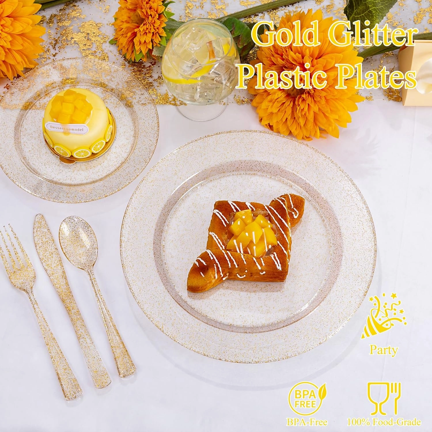 WDF 200PCS Gold Plastic Plates - Gold Glitter Plastic Plates - Heavy Duty Gold Glitter Disposable Plates - Include 100 Dinner Plates 10" and 100 Dessert Plates 7" for Parties/Wedding
