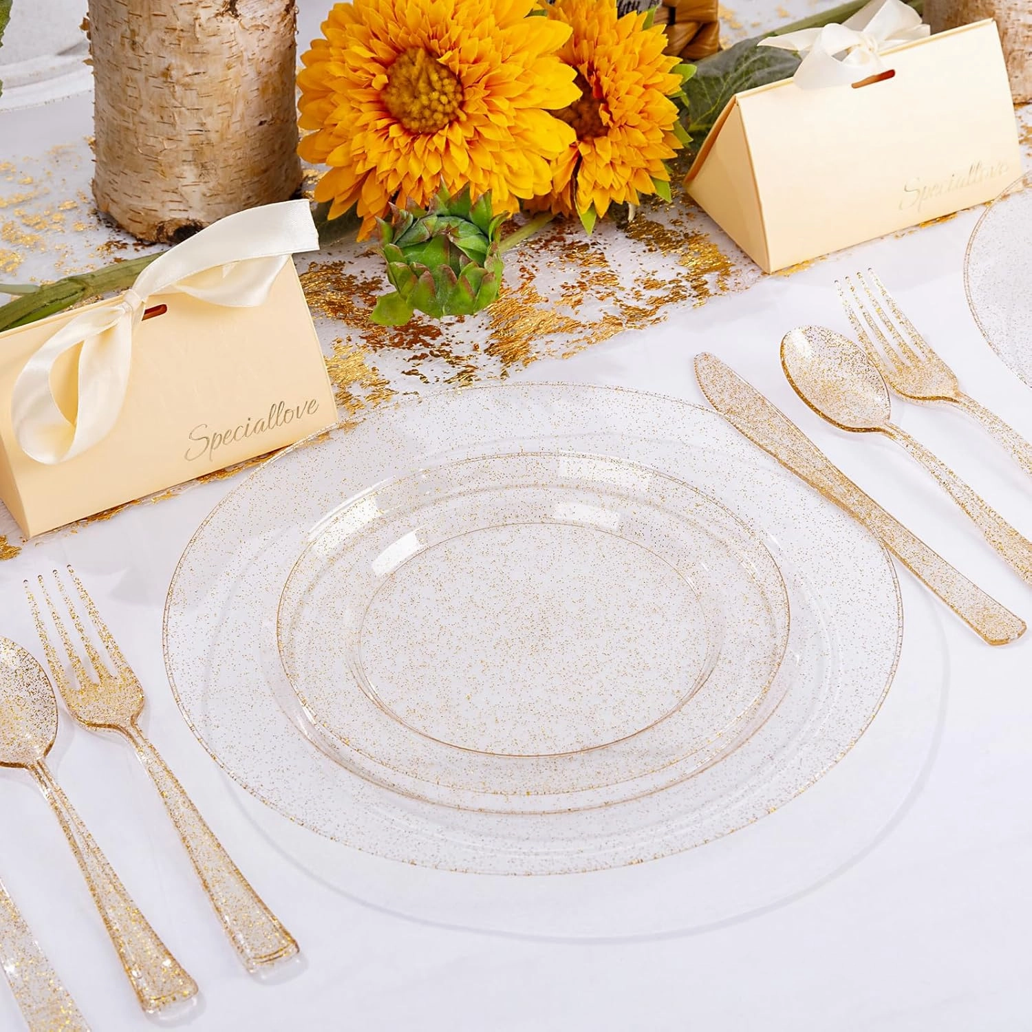 WDF 200PCS Gold Plastic Plates - Gold Glitter Plastic Plates - Heavy Duty Gold Glitter Disposable Plates - Include 100 Dinner Plates 10" and 100 Dessert Plates 7" for Parties/Wedding