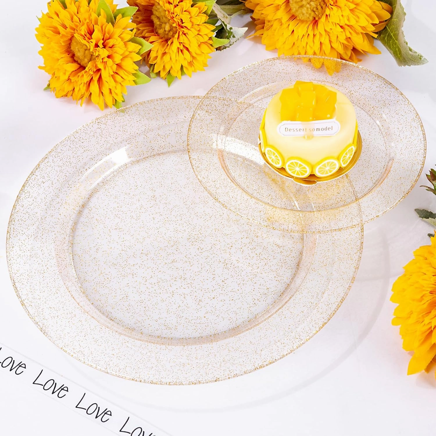 WDF 200PCS Gold Plastic Plates - Gold Glitter Plastic Plates - Heavy Duty Gold Glitter Disposable Plates - Include 100 Dinner Plates 10" and 100 Dessert Plates 7" for Parties/Wedding