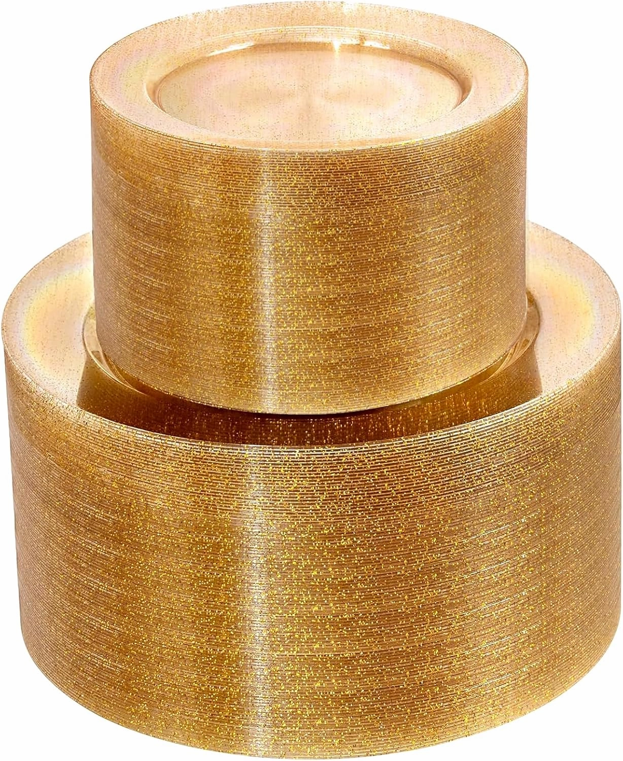 WDF 200PCS Gold Plastic Plates - Gold Glitter Plastic Plates - Heavy Duty Gold Glitter Disposable Plates - Include 100 Dinner Plates 10" and 100 Dessert Plates 7" for Parties/Wedding