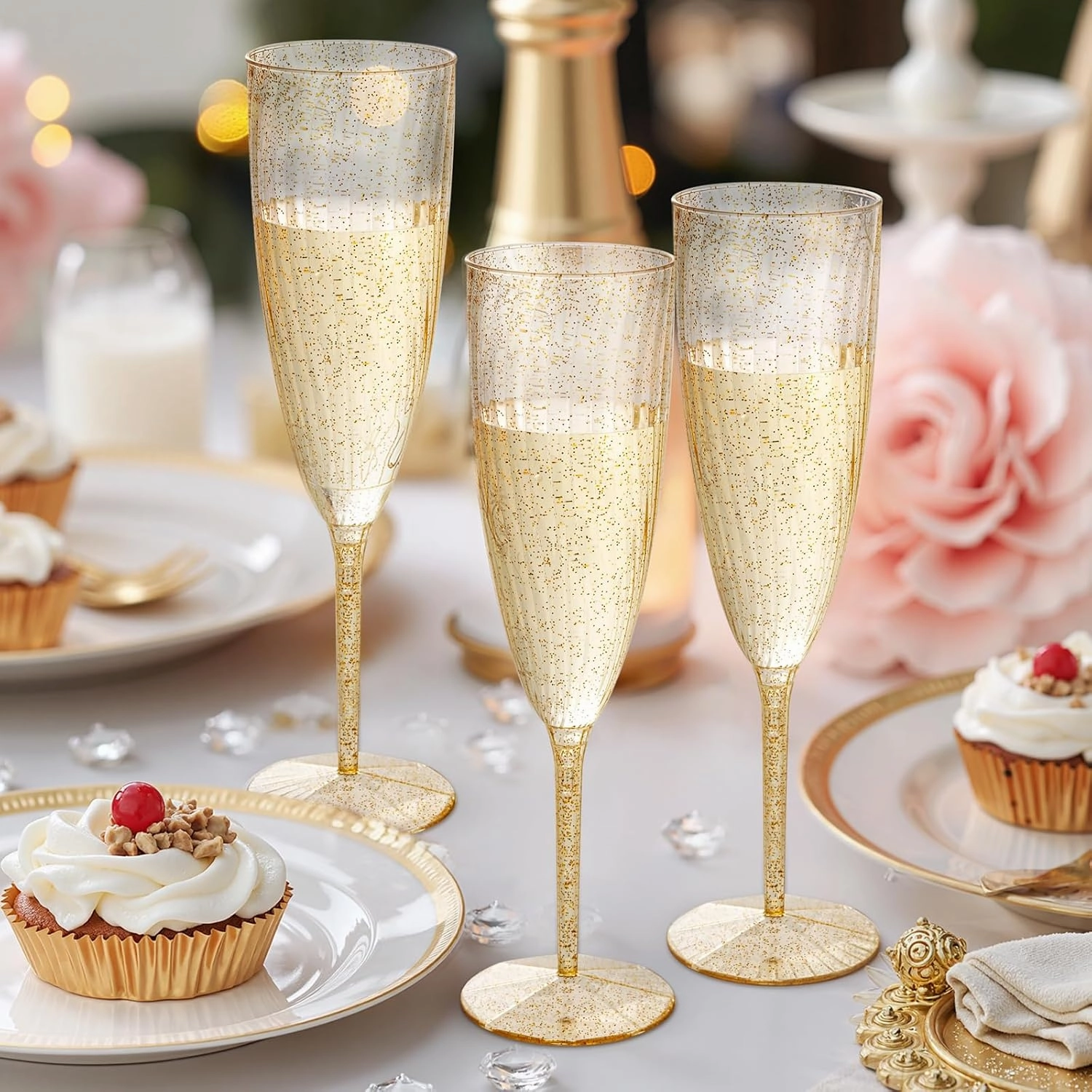 WDF 36-Pack Plastic Champagne Flutes - Gold Glitter Champagne Glasses Disposable - Perfect for Weddings, Birthday, Bridal Showers