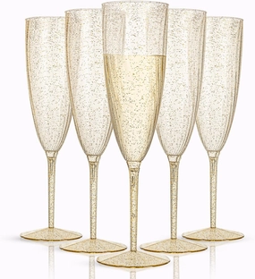 WDF 36-Pack Plastic Champagne Flutes - Gold Glitter Champagne Glasses Disposable - Perfect for Weddings, Birthday, Bridal Showers