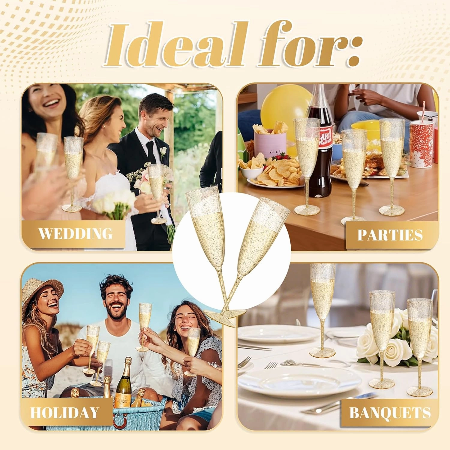 WDF 36-Pack Plastic Champagne Flutes - Gold Glitter Champagne Glasses Disposable - Perfect for Weddings, Birthday, Bridal Showers