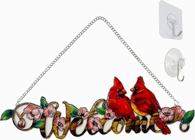 Welcome with Red Cardinal Suncatcher Red Bird Stained Glass Suncatchers Window Hanging Ornament for Home Decor Indoor Wall Art for Mother's Day Women Mom Birds Lovers Friends (Welcome)