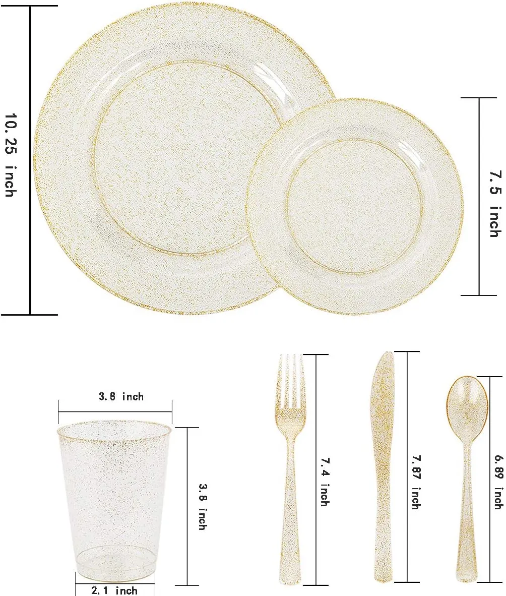 WELLIFE 175 Pieces Gold Glitter Plastic Plates with Silverware and Cups, Includes: 50 Plates, 50 Forks, 25 Knives,25 Spoons and 25 Cups for Party