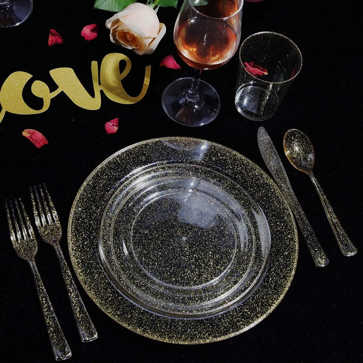 WELLIFE 175 Pieces Gold Glitter Plastic Plates with Silverware and Cups, Includes: 50 Plates, 50 Forks, 25 Knives,25 Spoons and 25 Cups for Party