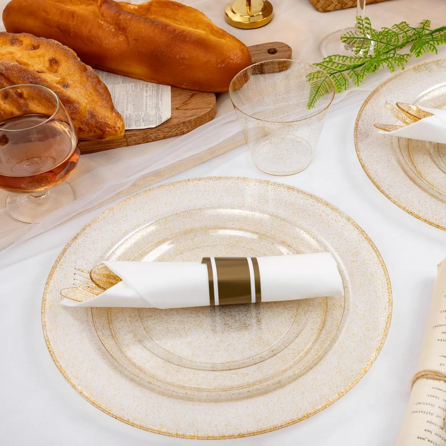 WELLIFE 210Pcs Gold Glitter Dinnerware Set, Gold Glitter Disposable Dinnerware for 30 Guests, Include: 30Dinner Plates, 30Dessert Plates, 90Gold Glitter Silverware, 30 Cups, 30 Paper Napkins