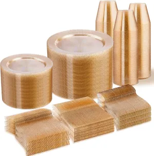WELLIFE 600 PCS Gold Glitter Disposable Dinnerware Set for 100 Guests, Plastic Plates for Party, Including 100 Dinner Plates, 100 Salad Plates,Cups,Silverware Set for Wedding and Party Supplies