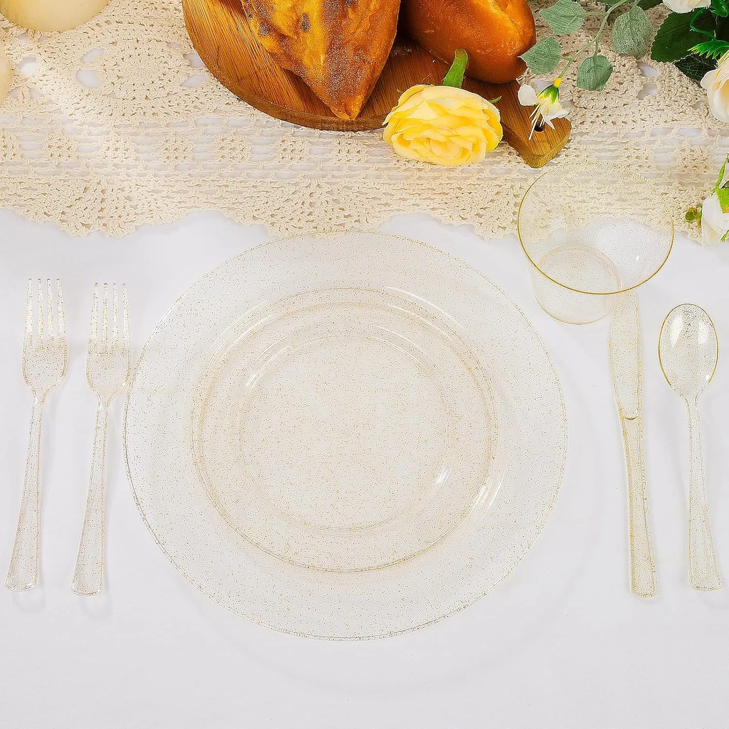 WELLIFE 600 PCS Gold Glitter Disposable Dinnerware Set for 100 Guests, Plastic Plates for Party, Including 100 Dinner Plates, 100 Salad Plates,Cups,Silverware Set for Wedding and Party Supplies