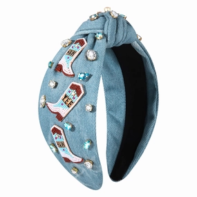 Western Cowgirl Accessories for Women - Cowboy Boot Embellished Headband With Rhinestone Crystal Pearl Top Knot - Rodeo Nashville Bachelorette Party Country Concert Outfit (Blue)