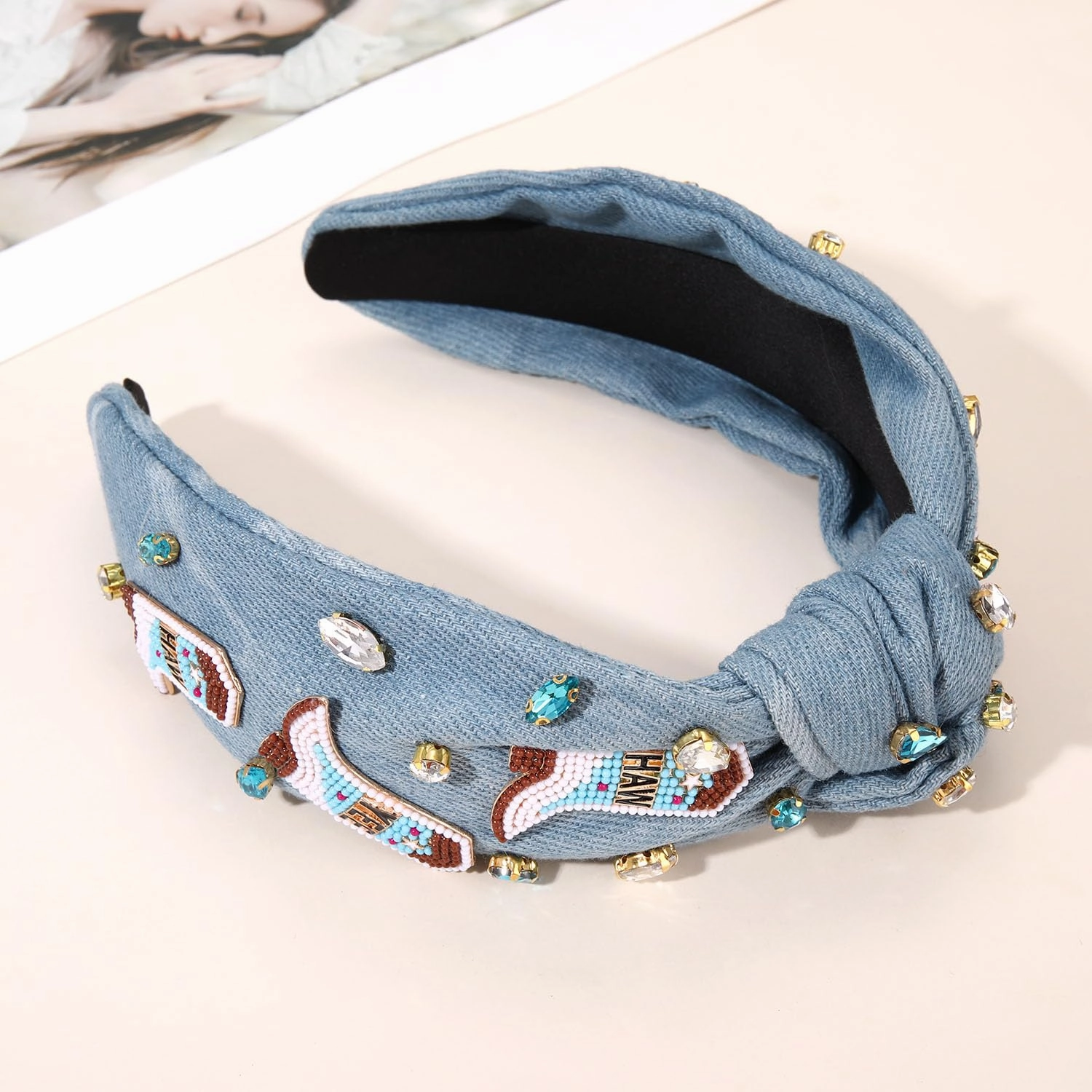 Western Cowgirl Accessories for Women - Cowboy Boot Embellished Headband With Rhinestone Crystal Pearl Top Knot - Rodeo Nashville Bachelorette Party Country Concert Outfit (Blue)
