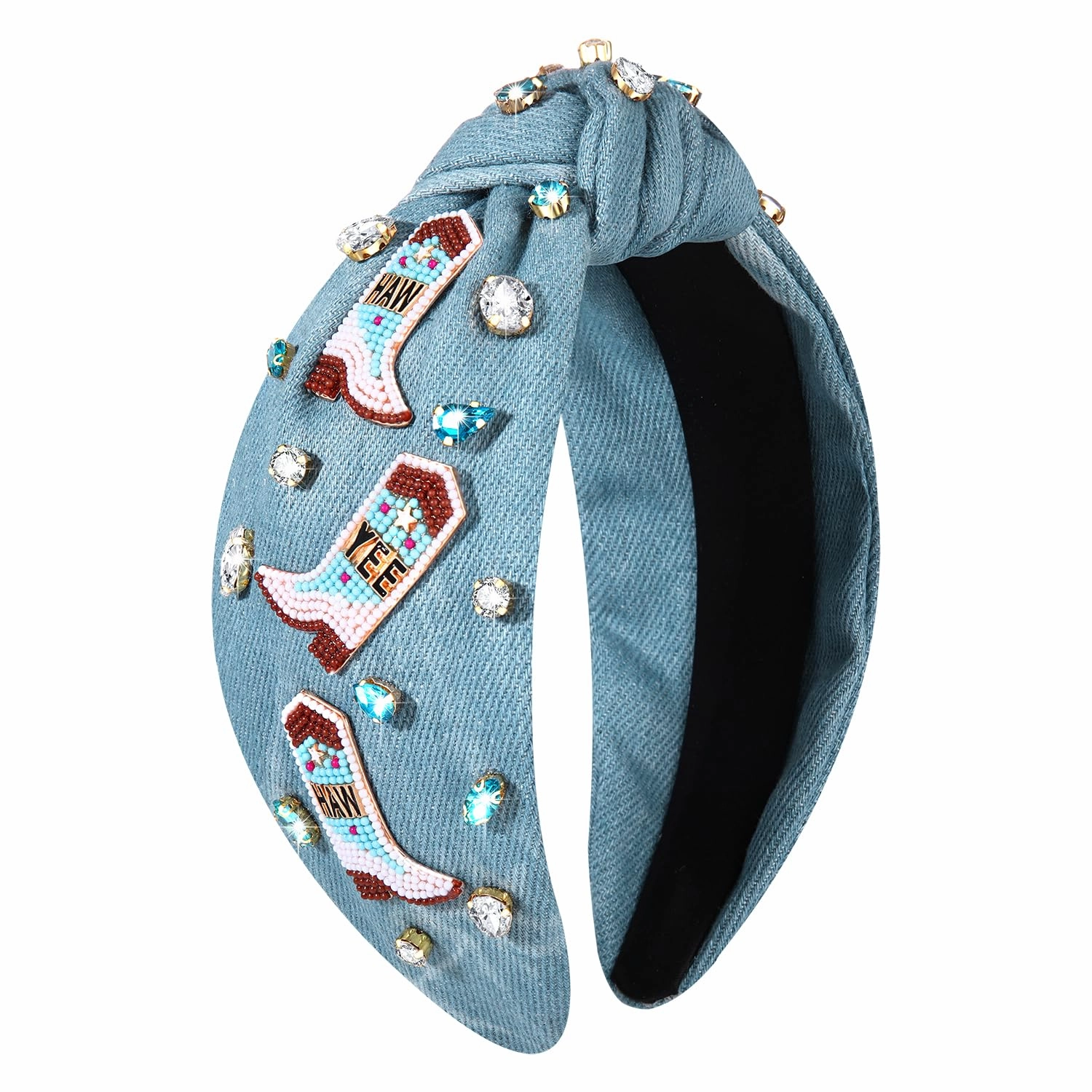 Western Cowgirl Accessories for Women - Cowboy Boot Embellished Headband With Rhinestone Crystal Pearl Top Knot - Rodeo Nashville Bachelorette Party Country Concert Outfit (Blue)
