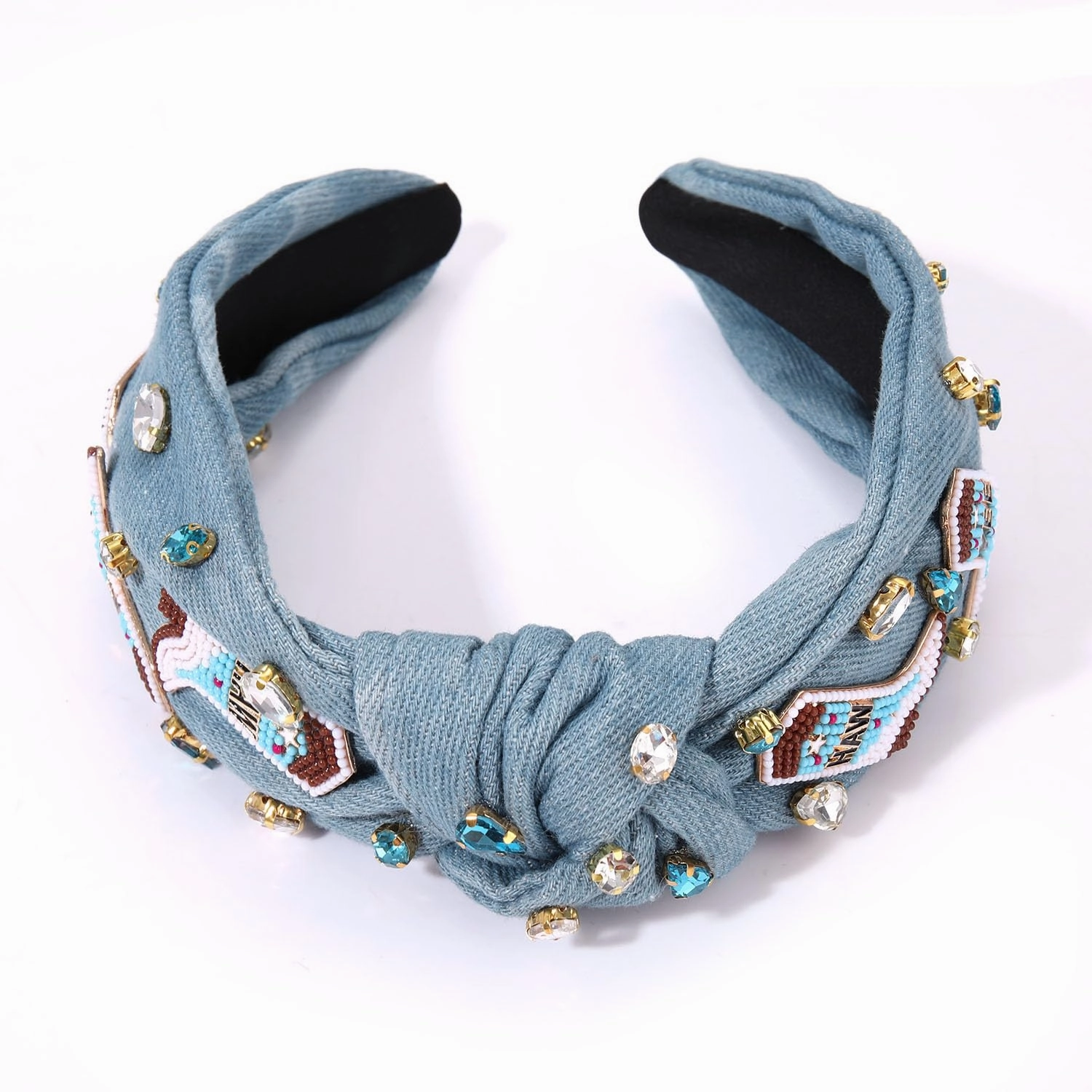 Western Cowgirl Accessories for Women - Cowboy Boot Embellished Headband With Rhinestone Crystal Pearl Top Knot - Rodeo Nashville Bachelorette Party Country Concert Outfit (Blue)