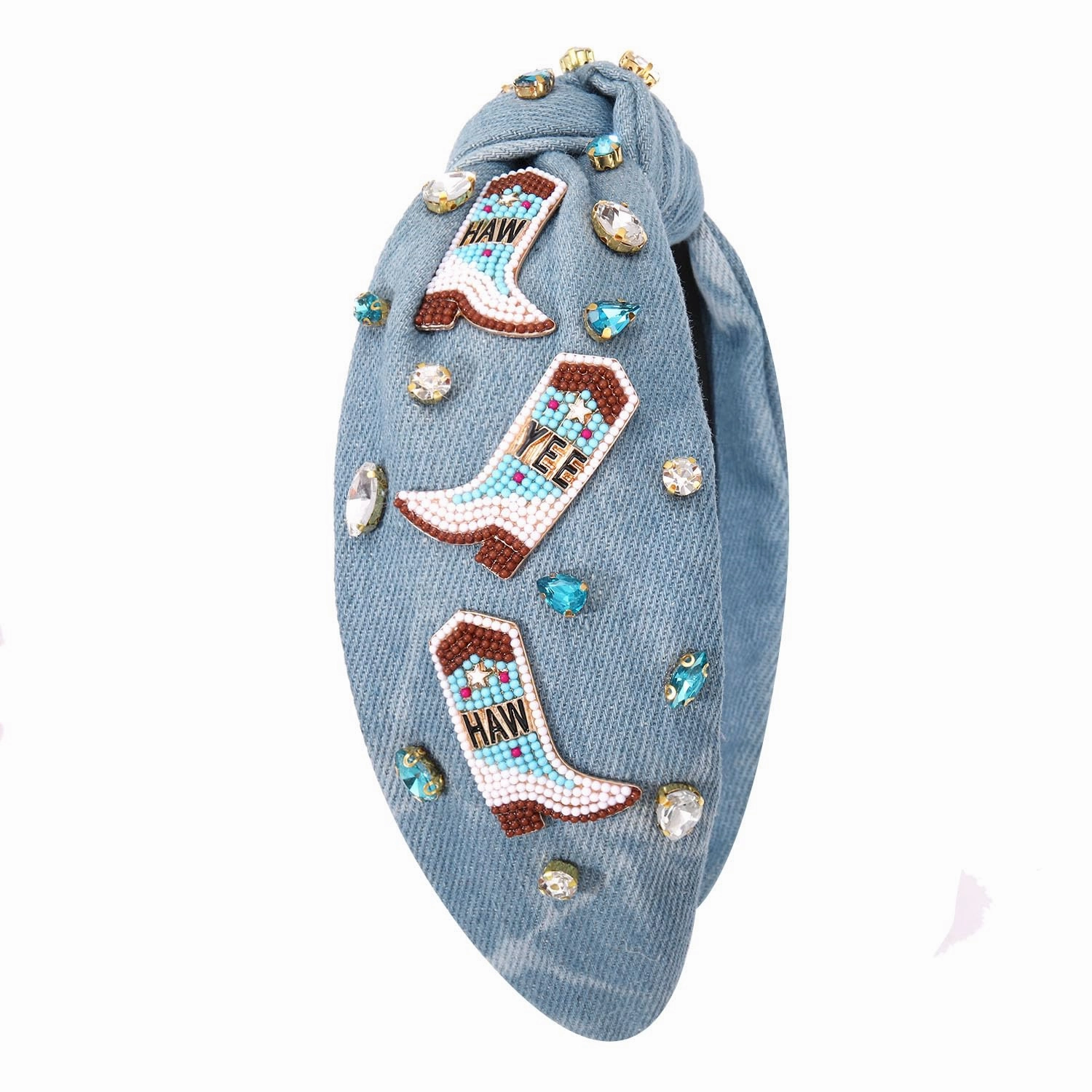 Western Cowgirl Accessories for Women - Cowboy Boot Embellished Headband With Rhinestone Crystal Pearl Top Knot - Rodeo Nashville Bachelorette Party Country Concert Outfit (Blue)