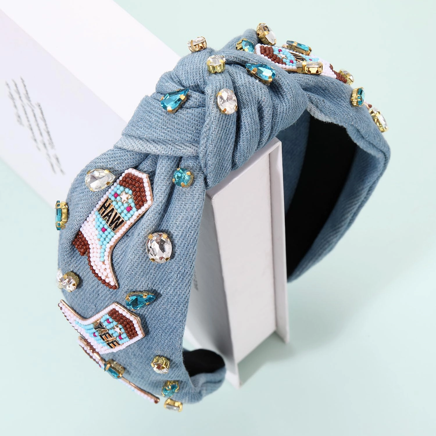 Western Cowgirl Accessories for Women - Cowboy Boot Embellished Headband With Rhinestone Crystal Pearl Top Knot - Rodeo Nashville Bachelorette Party Country Concert Outfit (Blue)