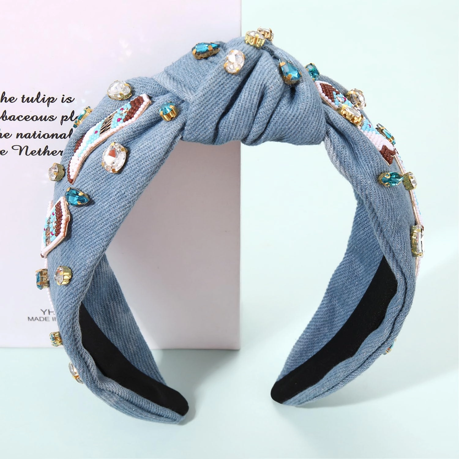 Western Cowgirl Accessories for Women - Cowboy Boot Embellished Headband With Rhinestone Crystal Pearl Top Knot - Rodeo Nashville Bachelorette Party Country Concert Outfit (Blue)
