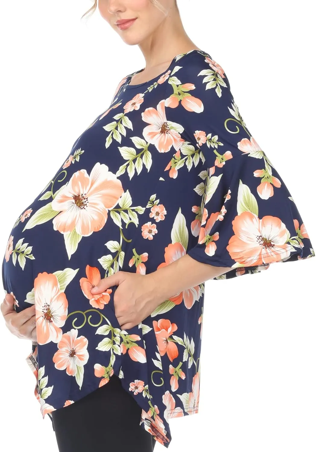 white mark Women's Maternity Roche Bell Sleeves Flowy Printed Tunic Top