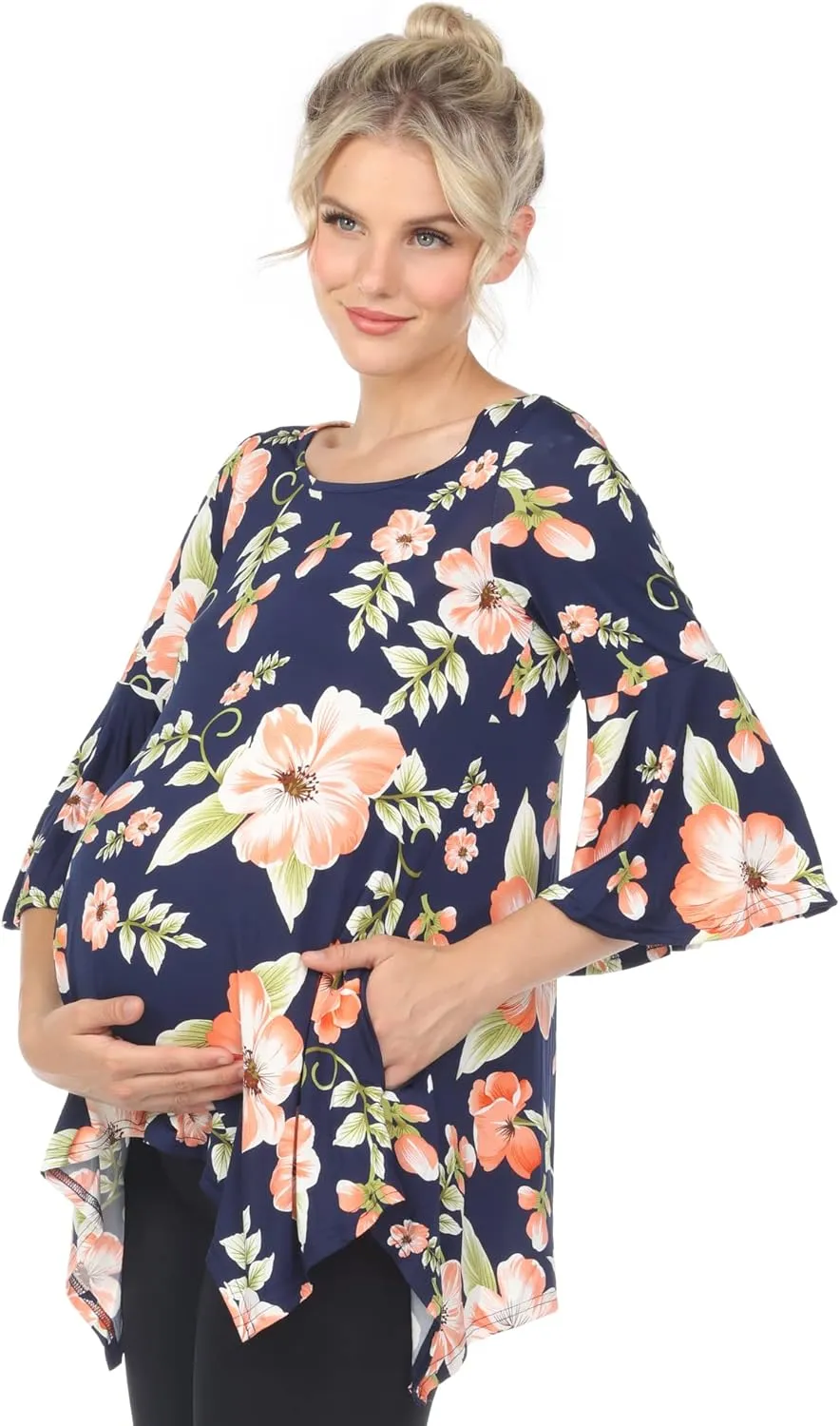 white mark Women's Maternity Roche Bell Sleeves Flowy Printed Tunic Top