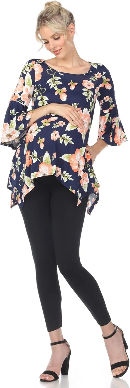 white mark Women's Maternity Roche Bell Sleeves Flowy Printed Tunic Top