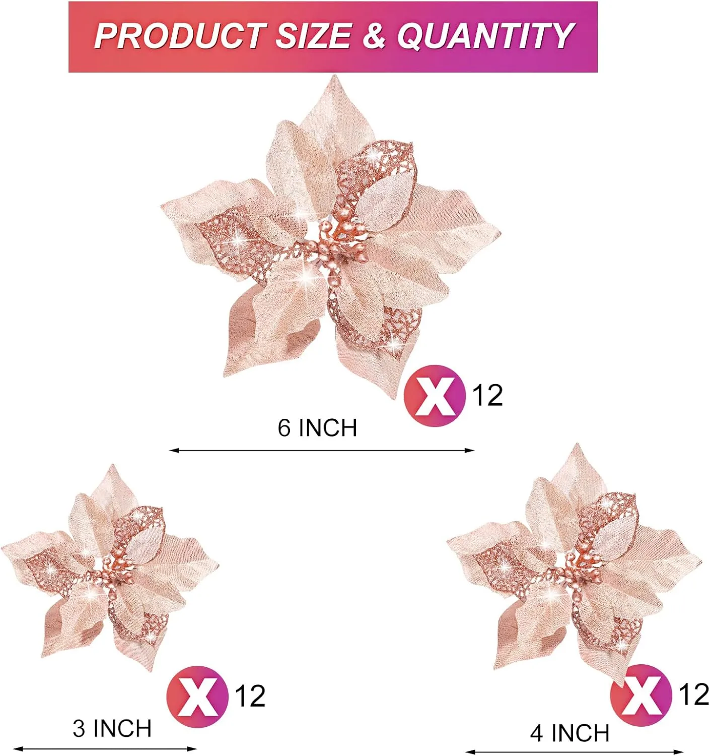 WILLBOND 36 Pieces Christmas Poinsettia Glitter Faux Flowers Christmas Artificial Flowers Tree Ornaments Topper Xmas Decorations(Rose Gold)