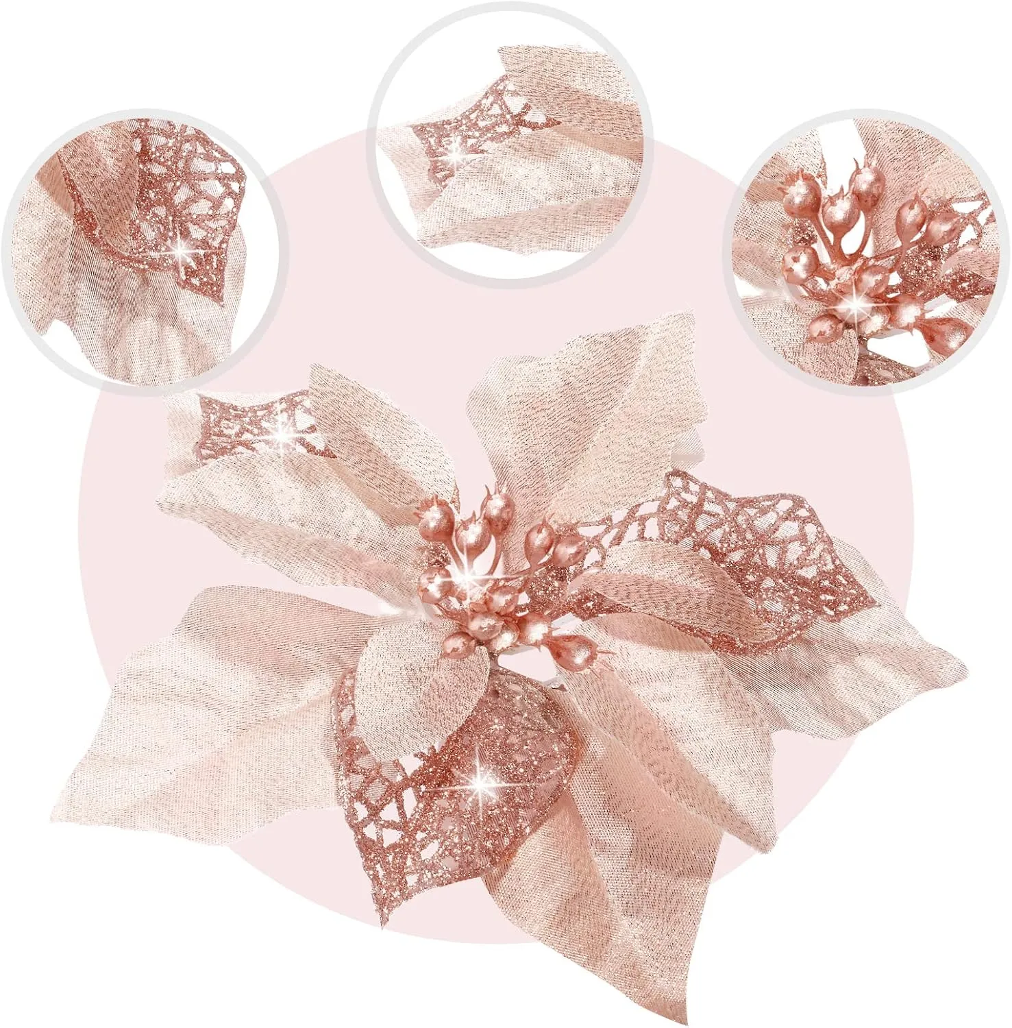 WILLBOND 36 Pieces Christmas Poinsettia Glitter Faux Flowers Christmas Artificial Flowers Tree Ornaments Topper Xmas Decorations(Rose Gold)