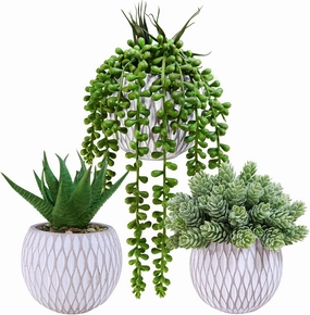 Winlyn 3 Pcs Small Faux Potted Plants Artificial Aloe Hops String of Pearls Succulents Plants in Gray Geometric Concrete Pots for Indoor Outdoor Greenery Shelf Home Bathroom Office Desk Tabletop Décor