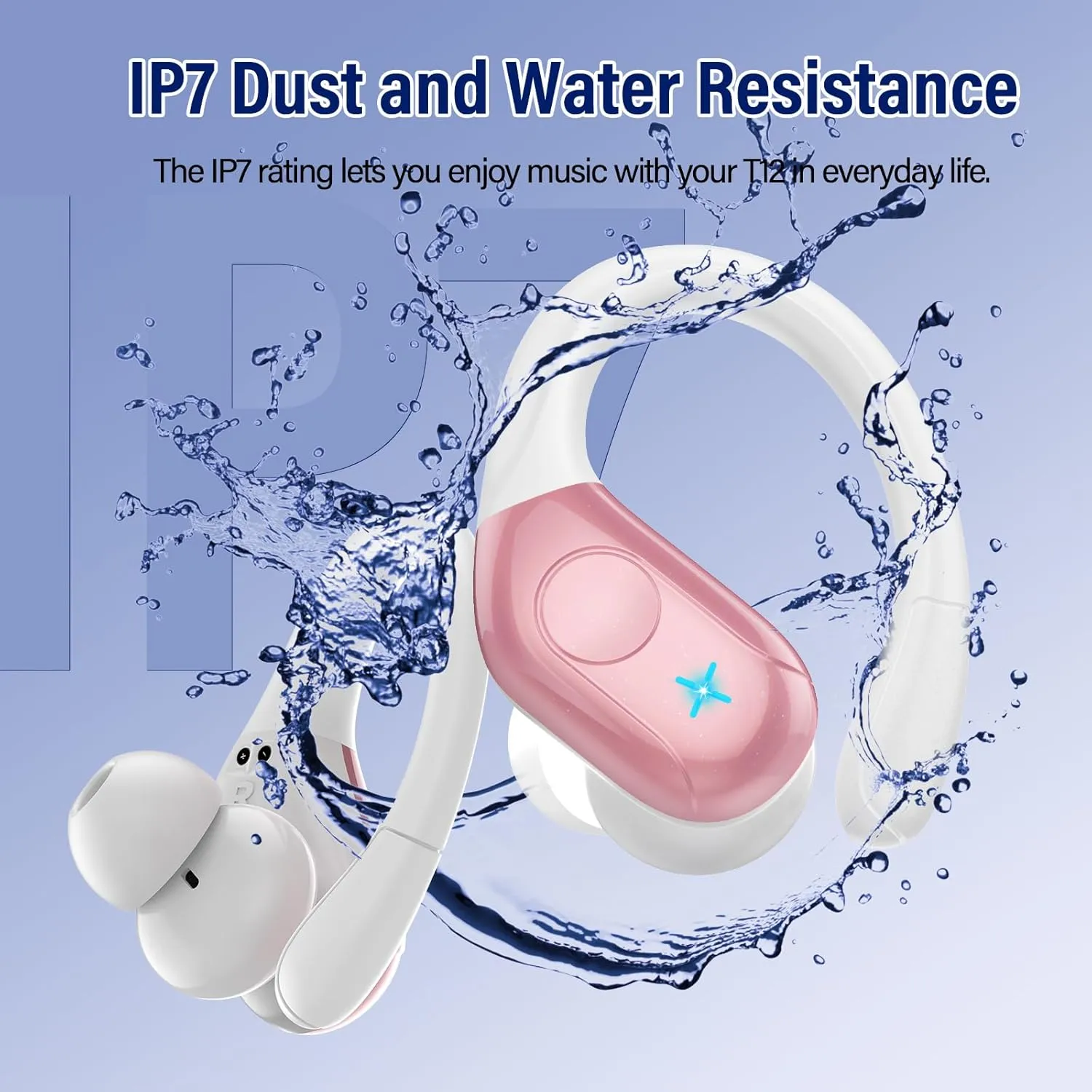 Wireless Earbuds Bluetooth 5.4 Headphones 75H Stereo Deep Bass Sports Over Ear Buds with Earhooks, LED Display Bluetooth Earbuds with 4 ENC Mic, IP7 Waterproof Earphone for Running, Pink