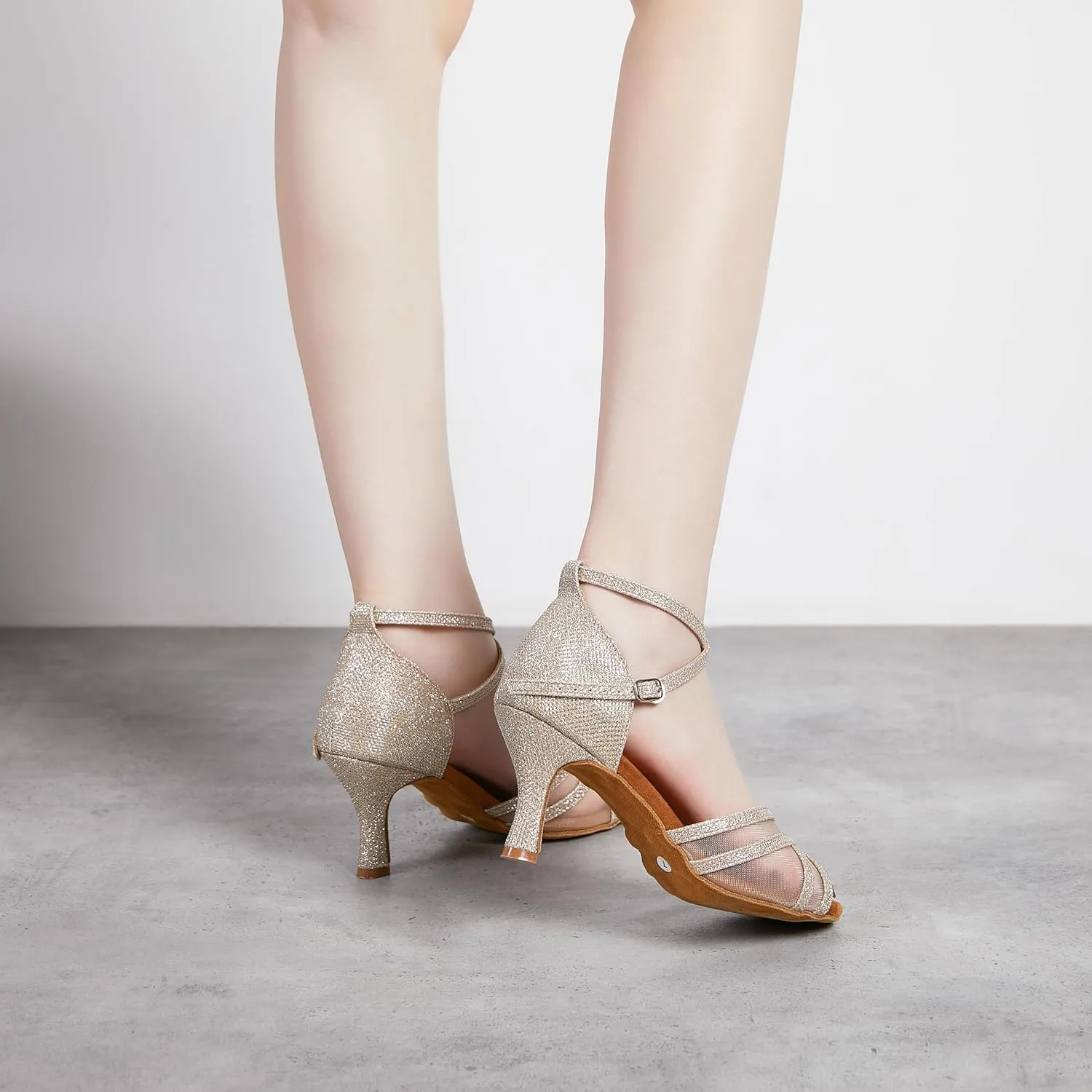 Women Ballroom Latin Salsa Gold Glitter Dance Shoes Suede Sole Open Toe 2 2.5 3 Inch Heel