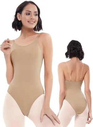 Women Nude Leotard Seamless Camisole Undergarment Leotards for Ballet Dance Gymnastics with Adjustable Clear Straps