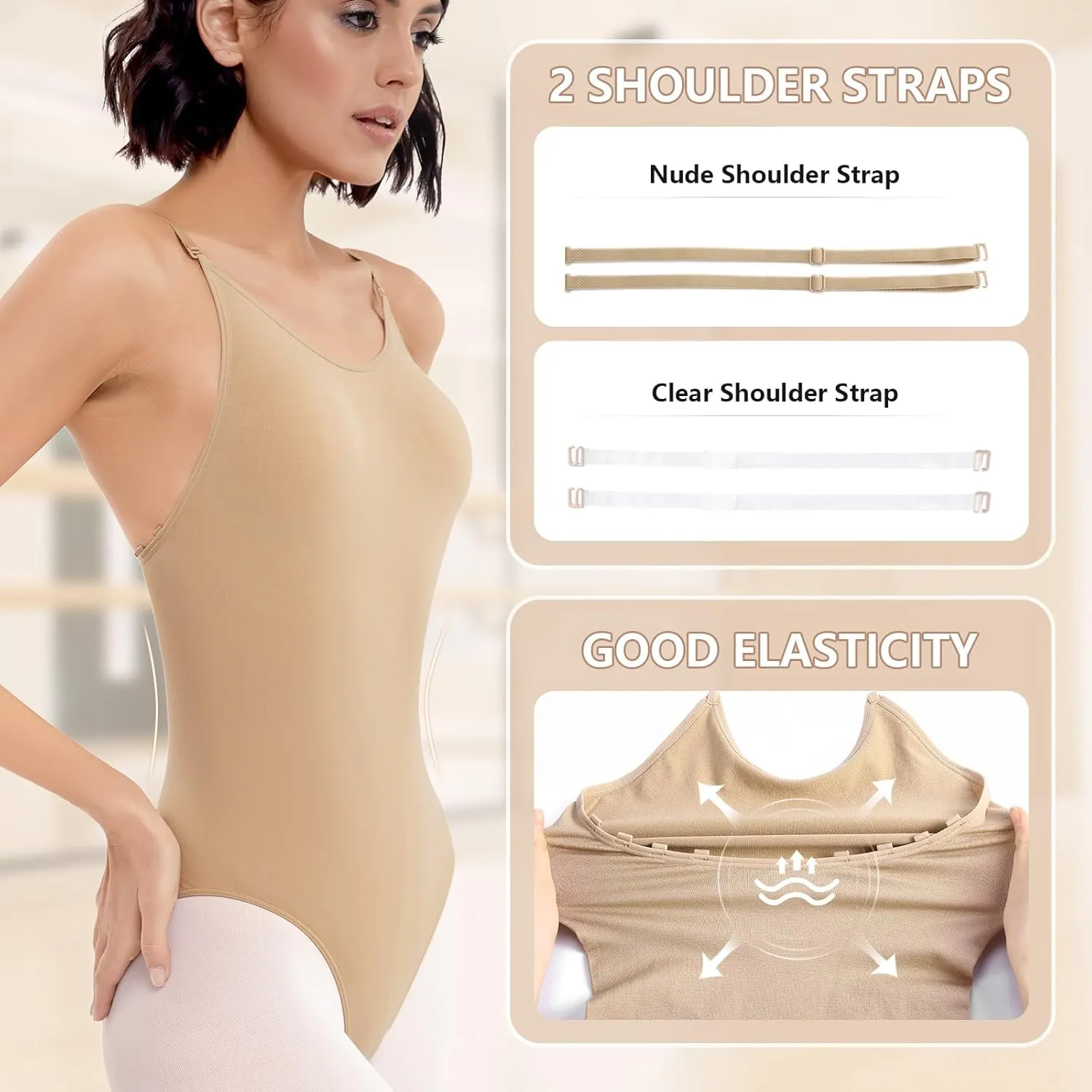 Women Nude Leotard Seamless Camisole Undergarment Leotards for Ballet Dance Gymnastics with Adjustable Clear Straps