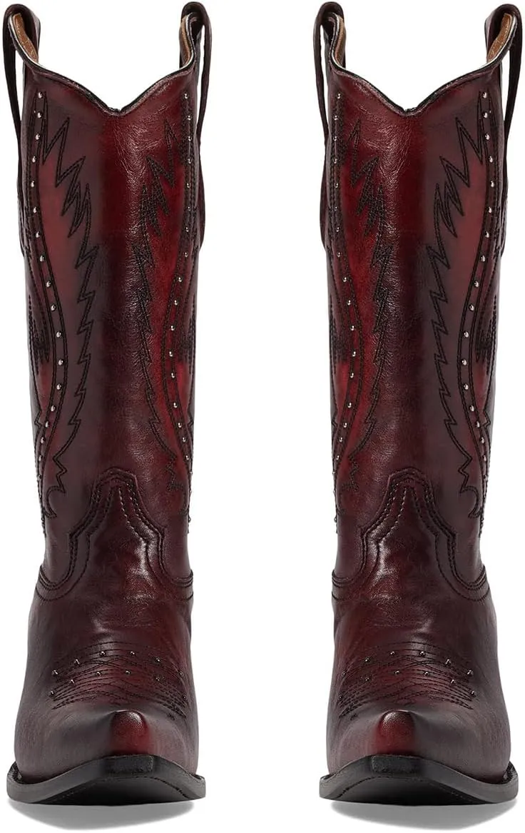 Women Vintage Embroidered Cowboy Boots Knee High Western Boots Chunky Stacked Heel Pointed Square Toe Mid Calf Cowgirl Boots Metallic Matte Pull On V Cut Fall Boot Exotic 4-11 M US