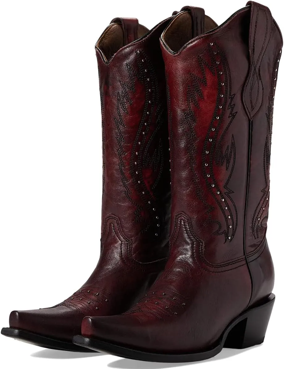 Women Vintage Embroidered Cowboy Boots Knee High Western Boots Chunky Stacked Heel Pointed Square Toe Mid Calf Cowgirl Boots Metallic Matte Pull On V Cut Fall Boot Exotic 4-11 M US