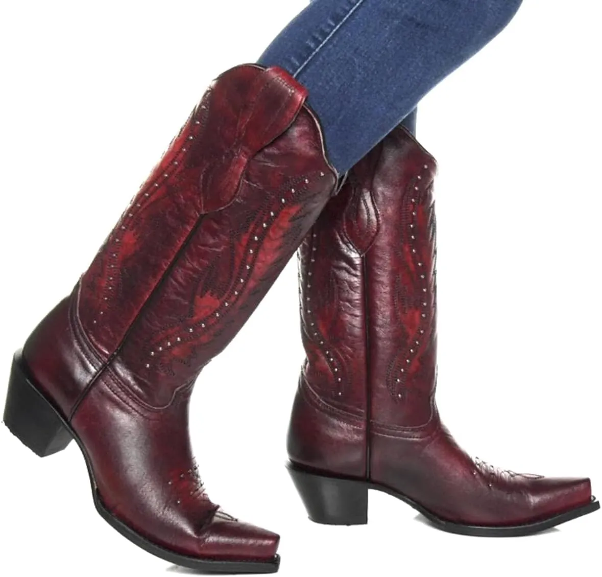 Women Vintage Embroidered Cowboy Boots Knee High Western Boots Chunky Stacked Heel Pointed Square Toe Mid Calf Cowgirl Boots Metallic Matte Pull On V Cut Fall Boot Exotic 4-11 M US
